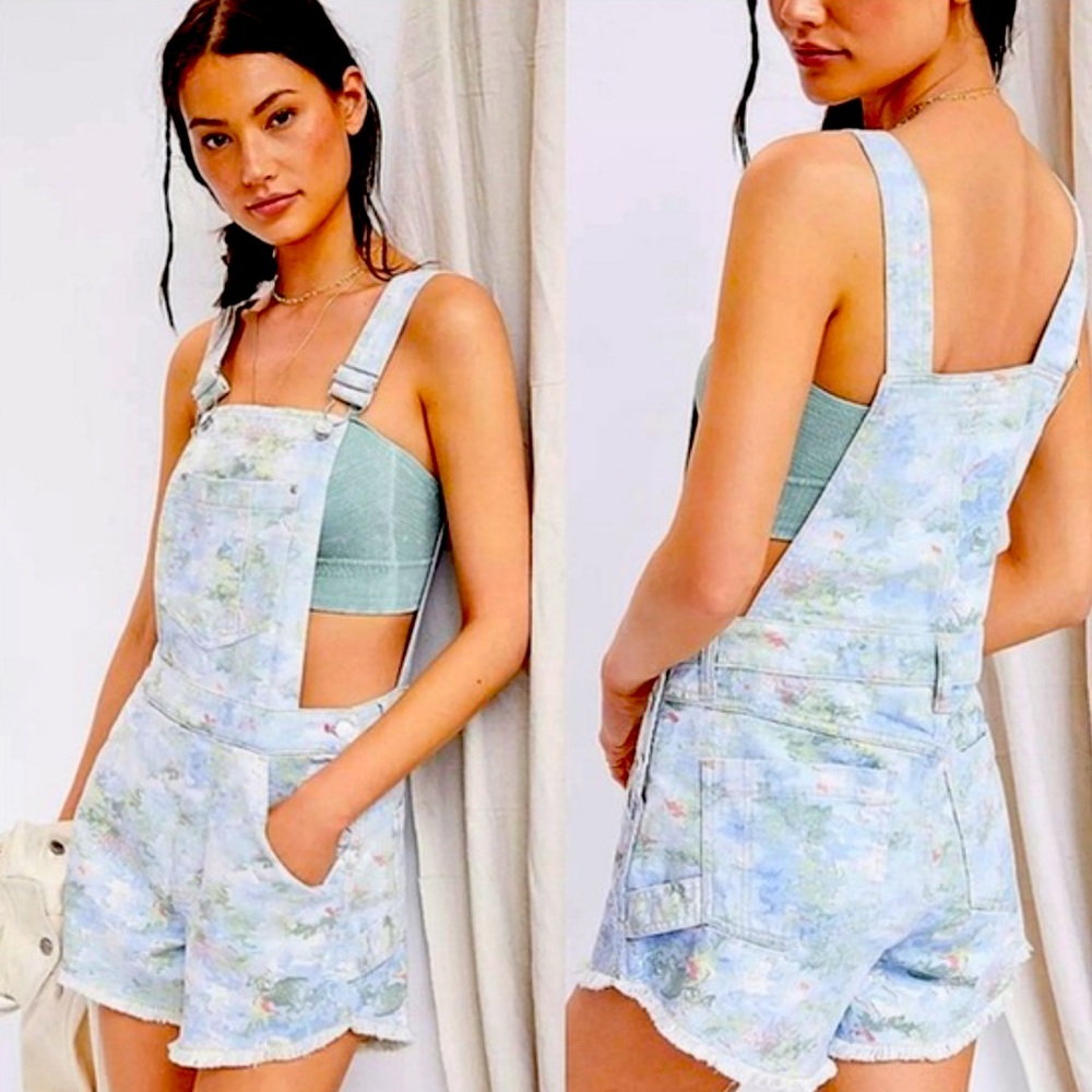 NWT Anthropologie Pilcro Waterolor Print Overalls Frayed Hem Shortalls Size‎ 32